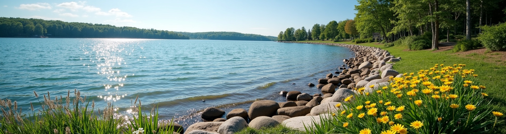 Professionally restored Michigan lakefront shoreline with riprap and native plantings erosion control