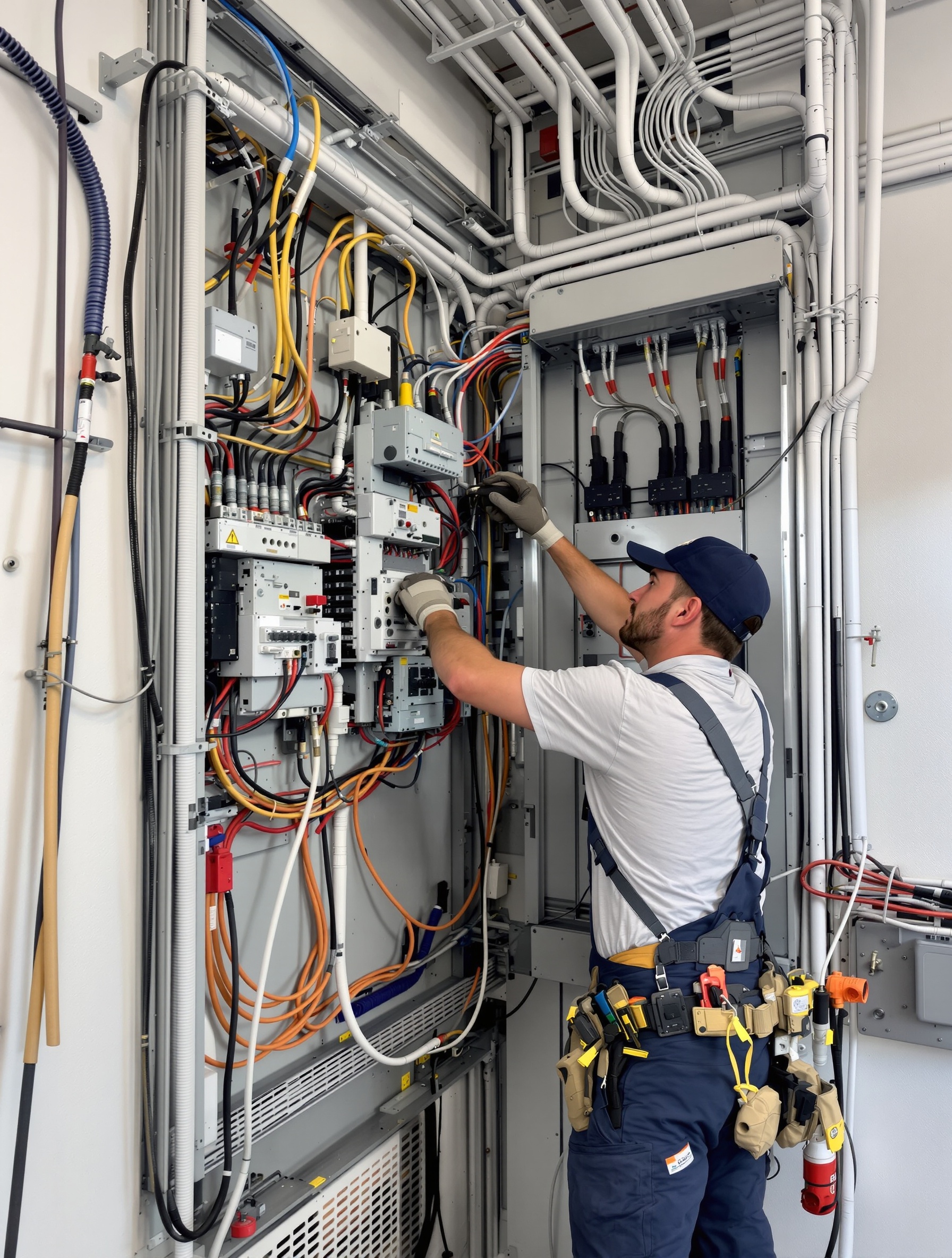 Commercial electrician repairing electrical panel in a Dallas-Fort Worth retail store — UTS ElectricPros