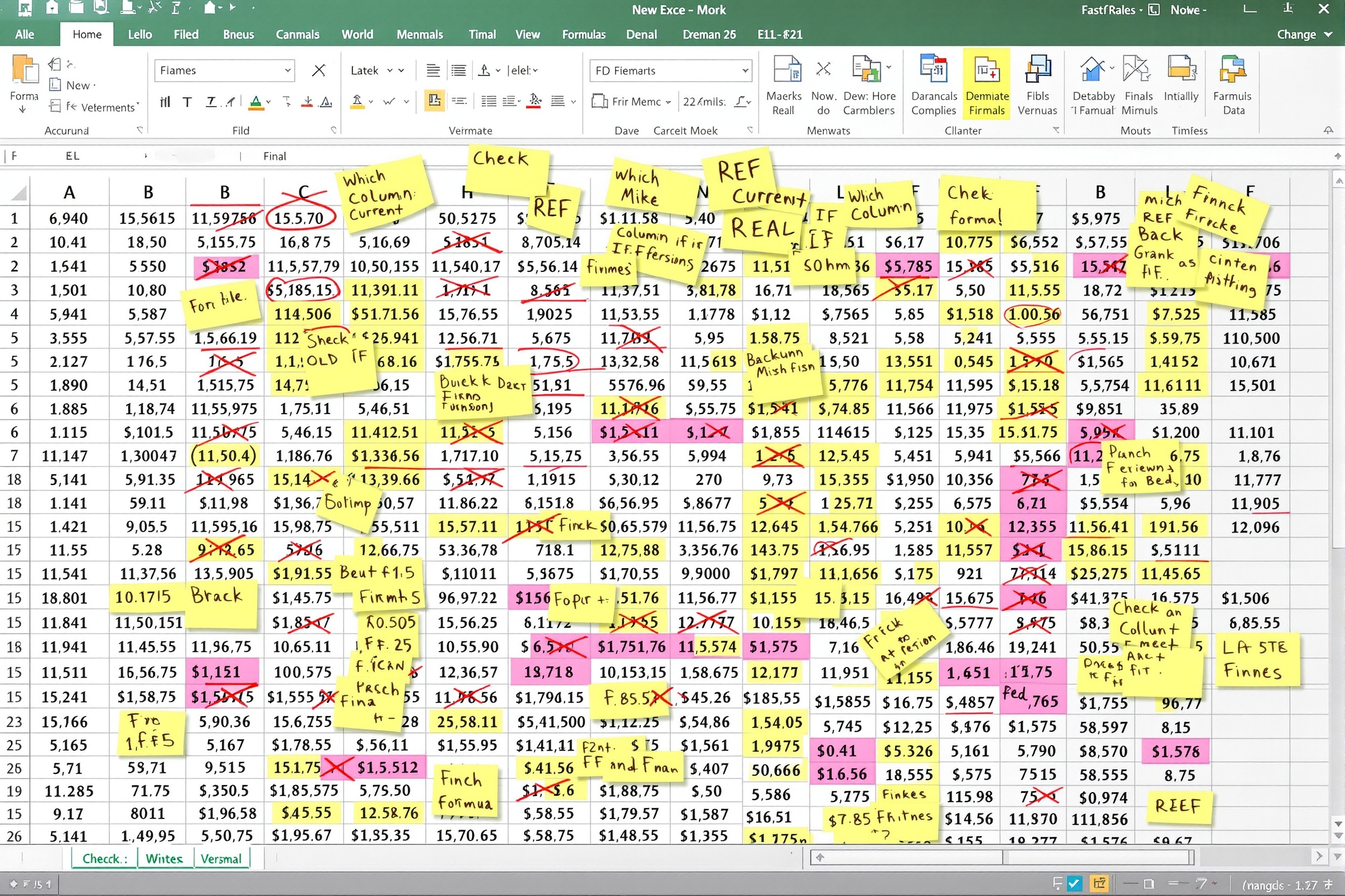Messy Excel spreadsheet with broken formulas and sticky notes