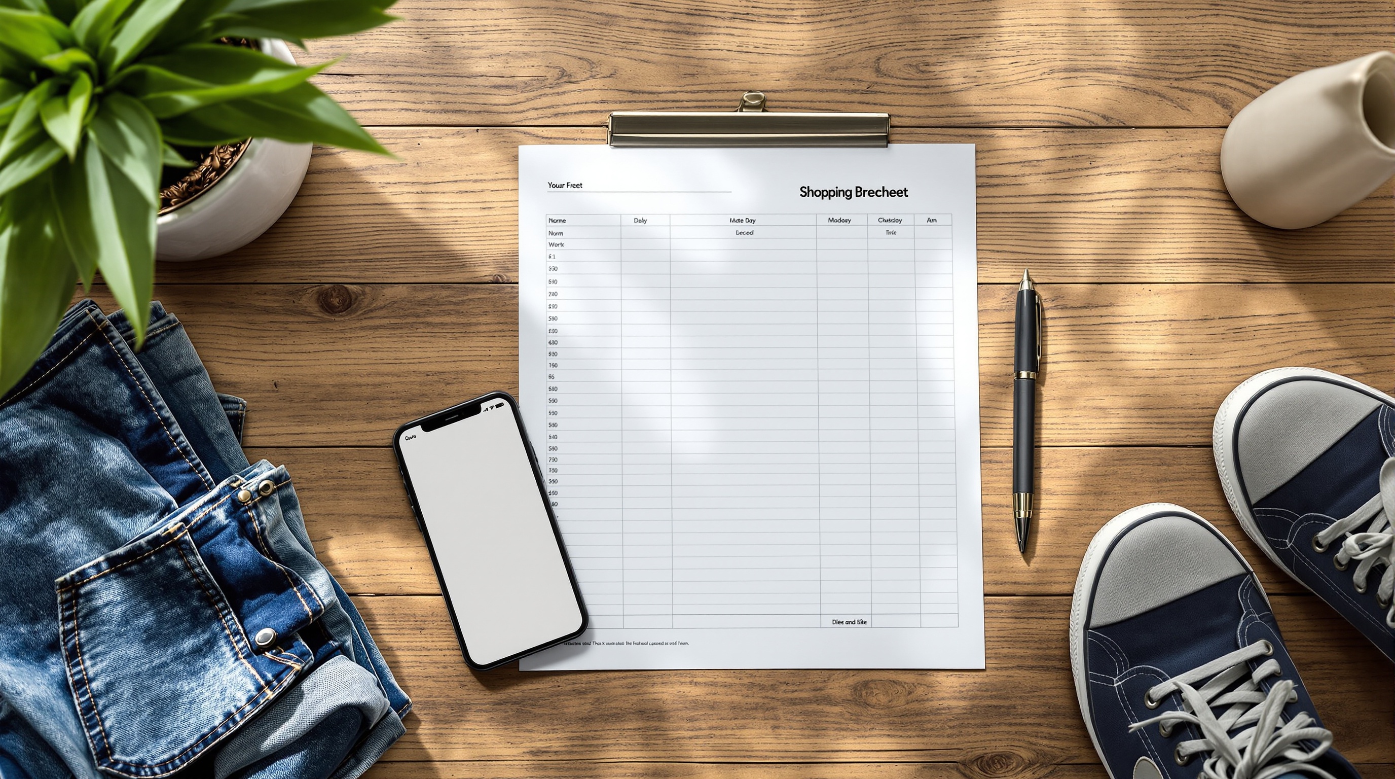 Fashion spreadsheet catalog with sneakers and clothing items arranged on a clean desk