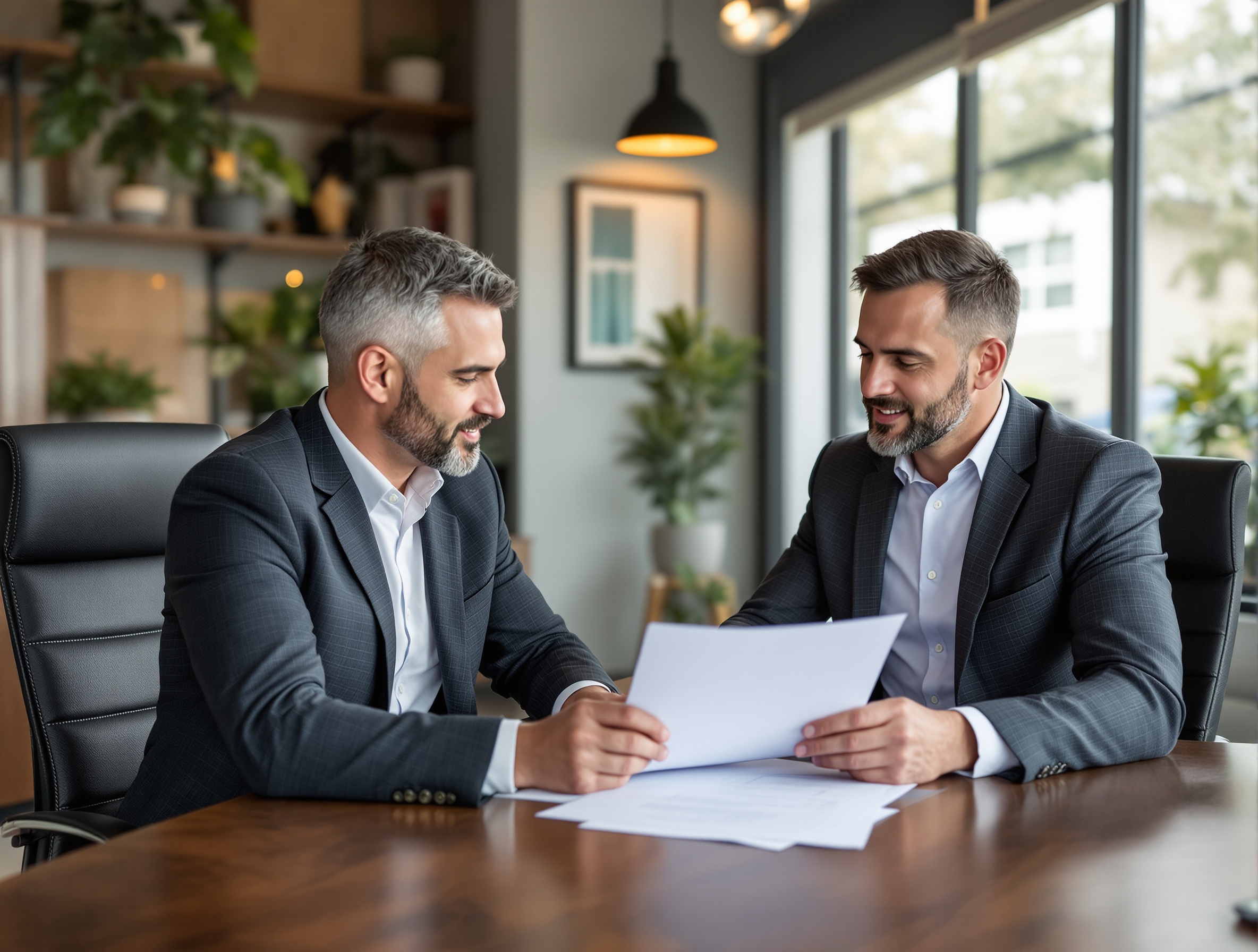 Insurance agent reviewing policy documents with business owner