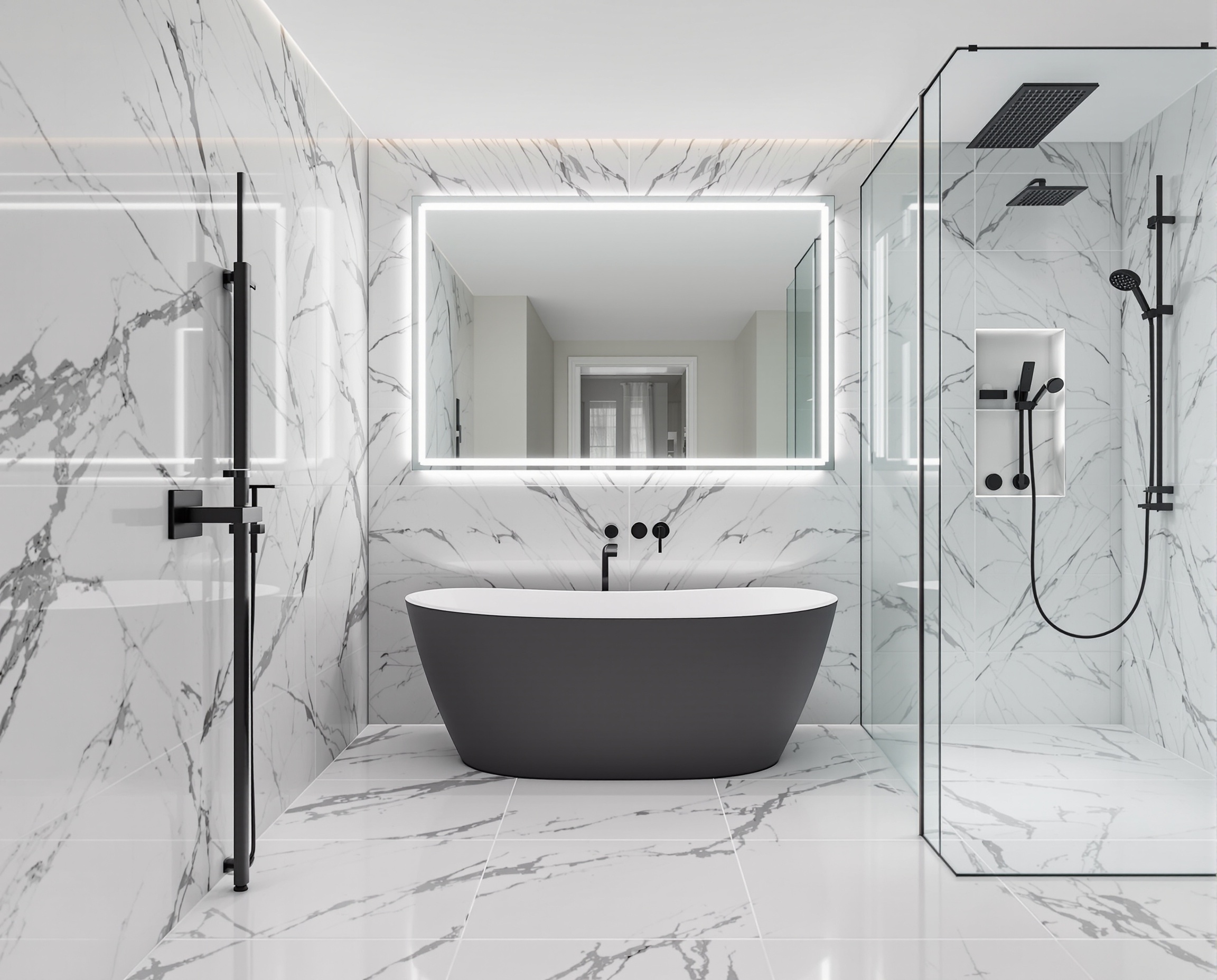Modern bathroom installation with freestanding bath and marble effect tiles
