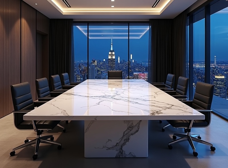 Table de direction monolithique en marbre blanc de Carrare – Vue nocturne métropole