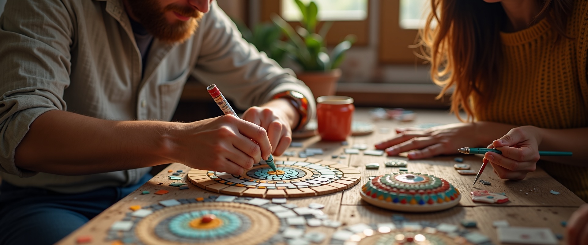 Group of people learning mosaic art in warm creative workshop