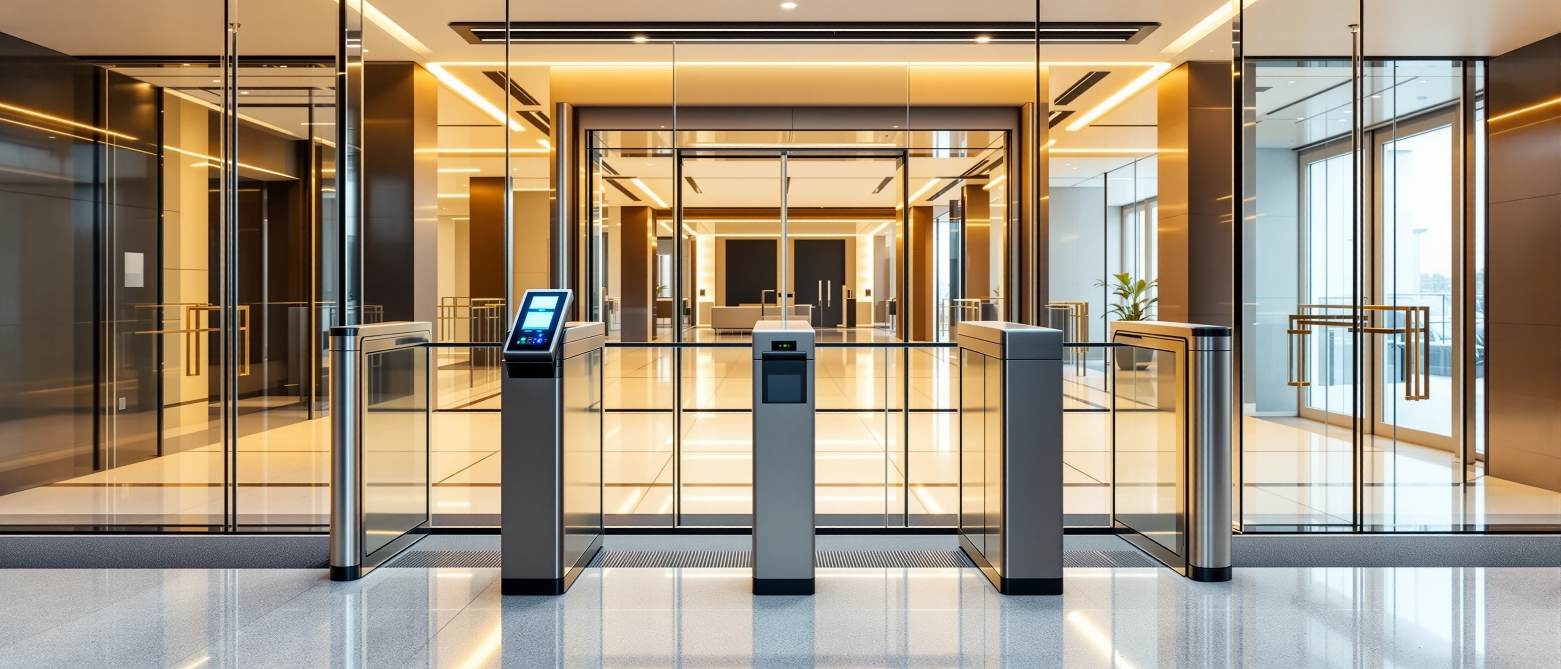 Security access control turnstiles in corporate lobby