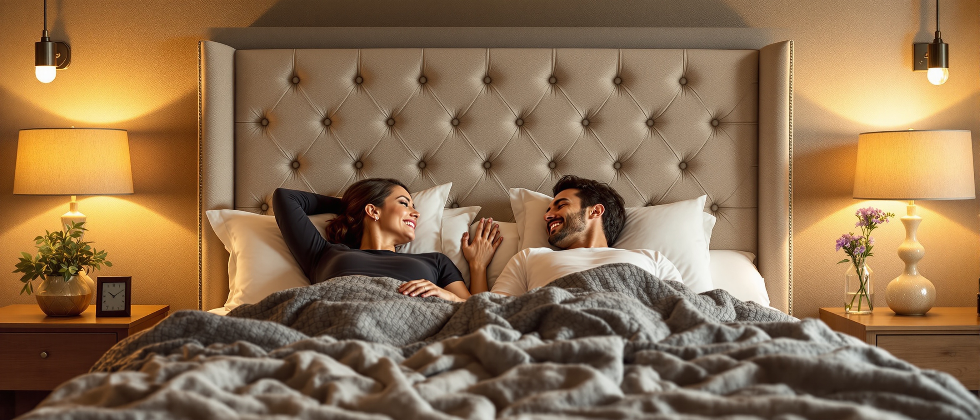 Casal aproveitando o quarto com cabeceira