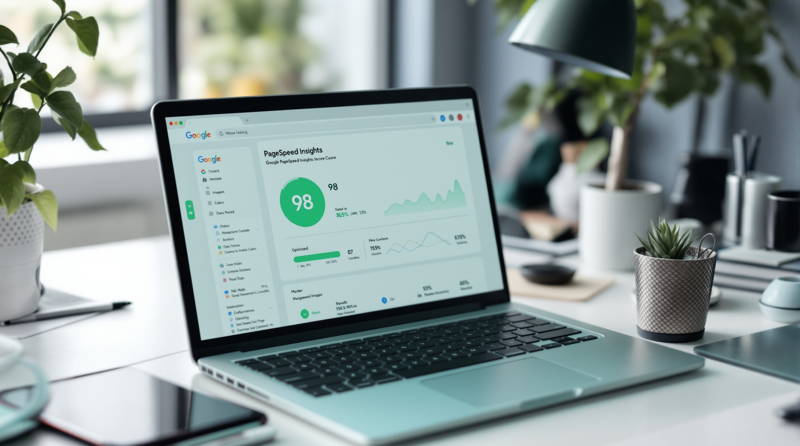 Laptop showing high Google PageSpeed score with optimized images