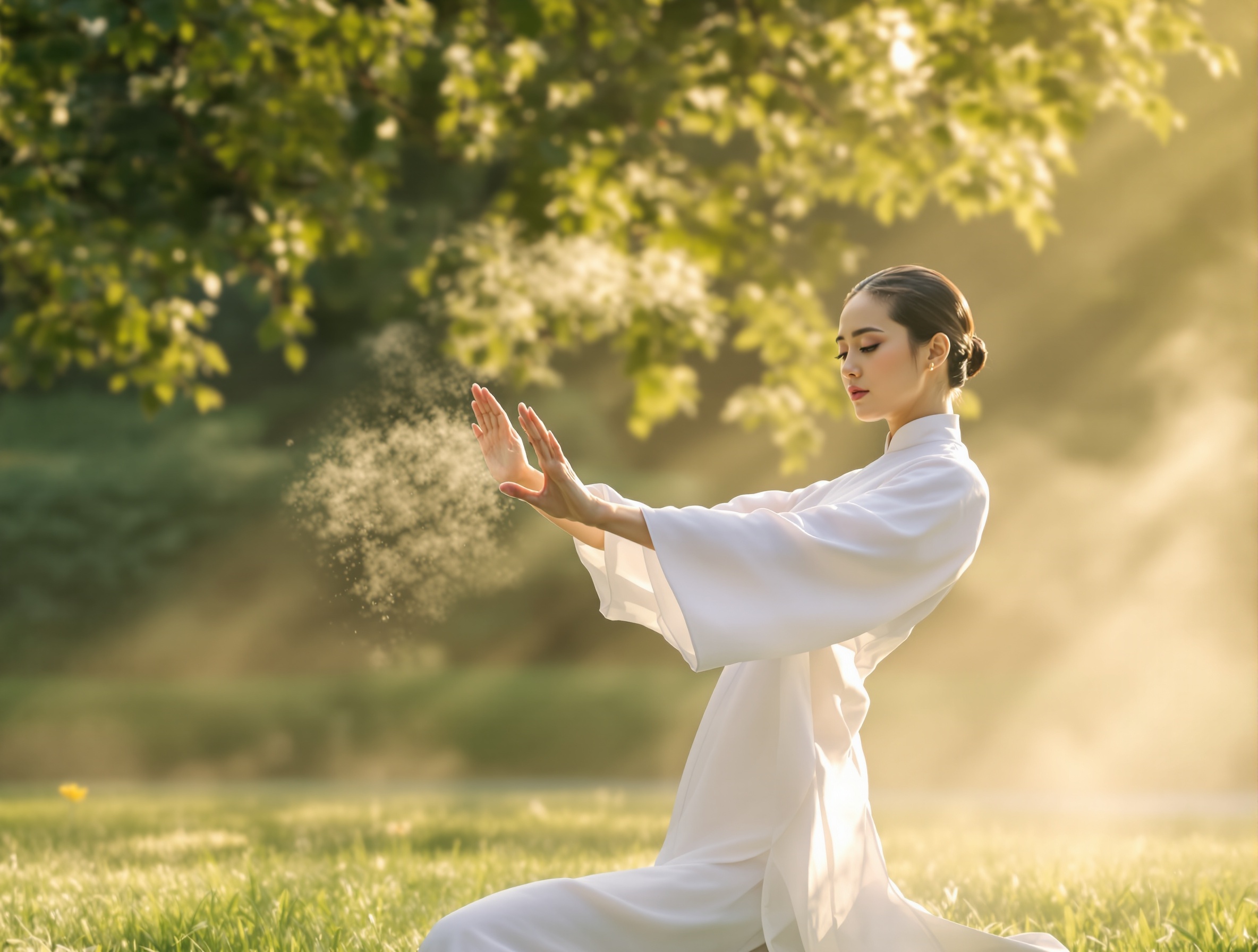 Tai Chi Cloud Hands movement in a misty garden