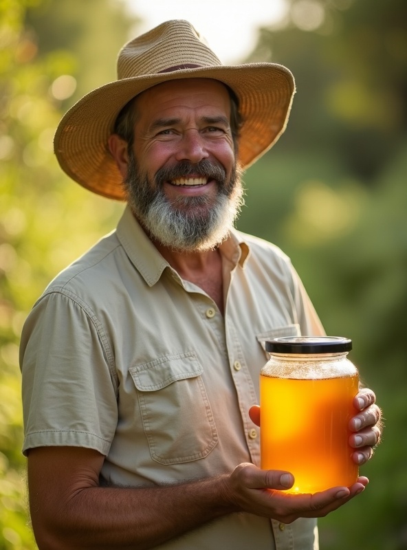 Beekeeper with honey jar