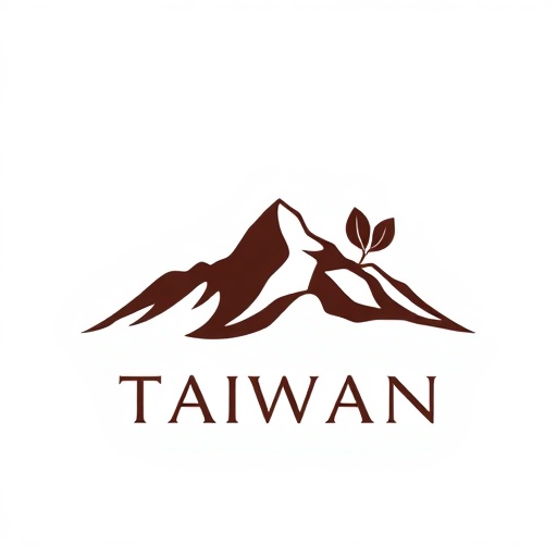 Modern minimalist geometric logo design featuring abstract Taiwan mountain silhouette in elegant dark brown color with subtle tea leaf element, clean lines, sophisticated contemporary style, professional branding, simple iconic symbol on transparent or light background, luxury aesthetic, cultural fusion