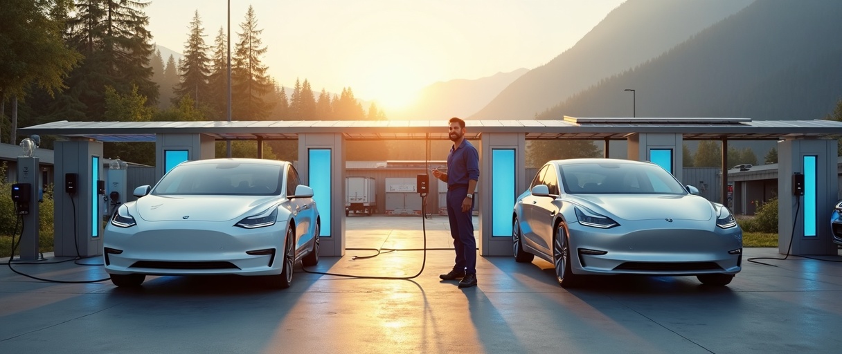Electric and hybrid fleet at charging station depot with diverse drivers