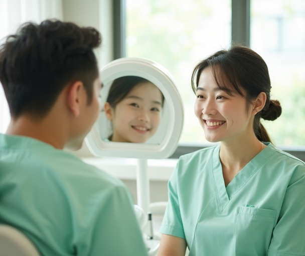 患者さんと一緒にブラッシングを確認している様子