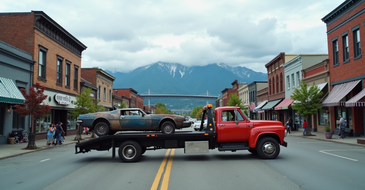 Flatbed tow truck removing an old car from a street in historic downtown Mission City near the Fraser River waterfront with the Mission Bridge in the background