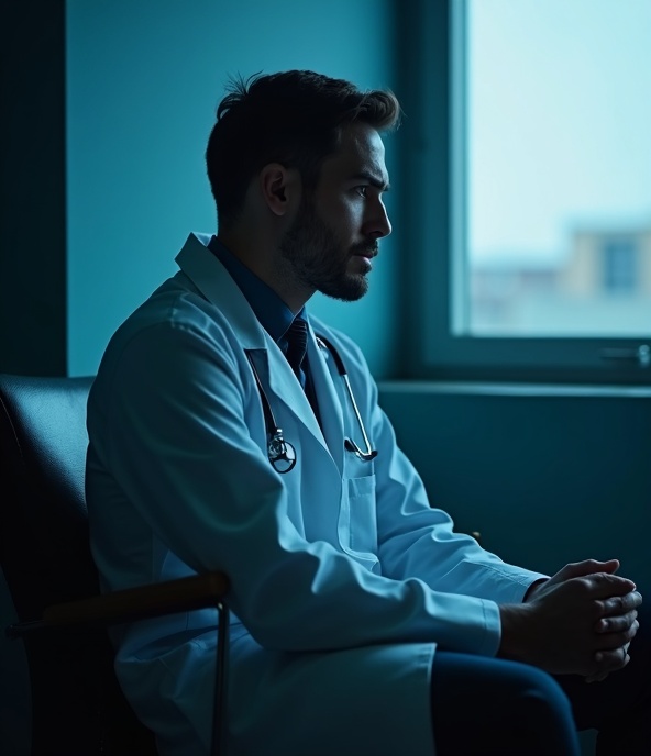 Médico refletindo sobre a carreira