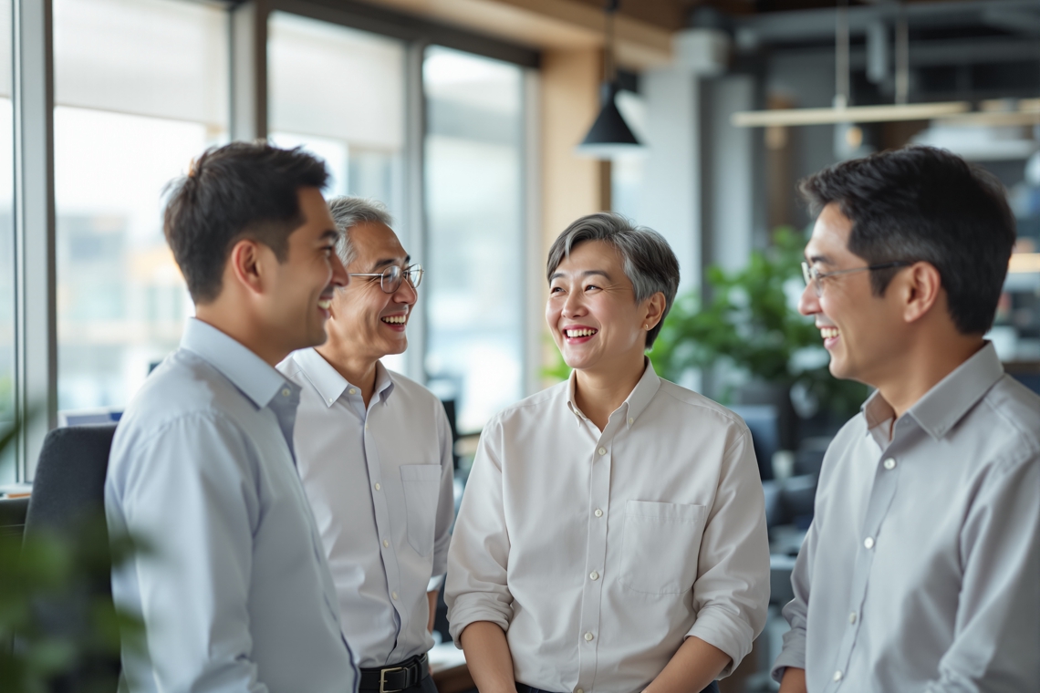 明るいオフィスで笑いながら話す、年代も雰囲気もさまざまな上進のスタッフの様子