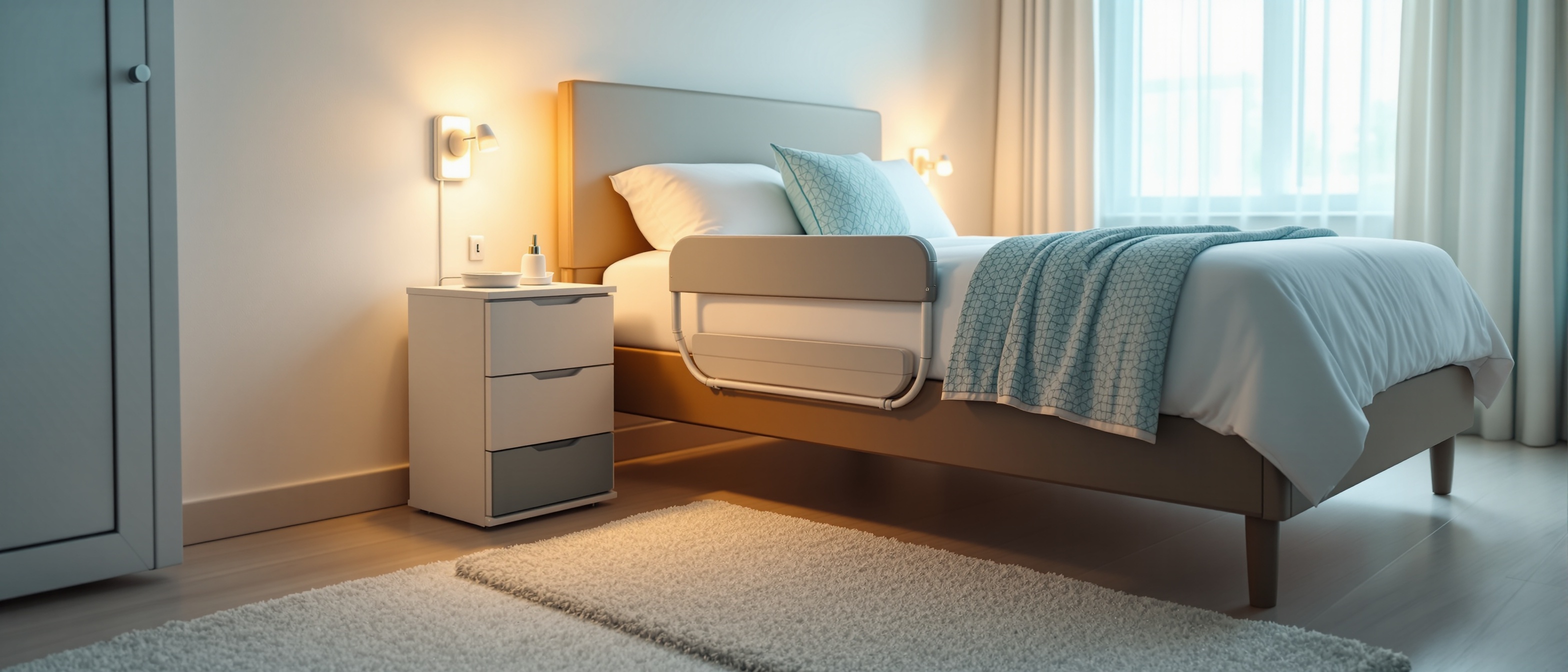 Safe senior bedroom with bed rails, night light, and fall mat