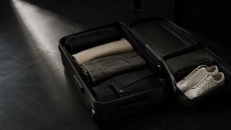 Trolley piccolo aperto con vestiti piegati e un paio di scarpe