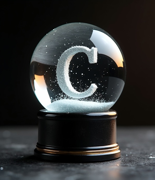 Custom snow globe featuring a 3D branded monogram letter C with swirling silver snow inside a clear glass dome