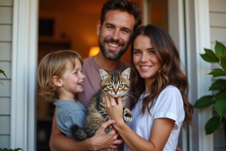 Happy family receiving Maine Coon kitten