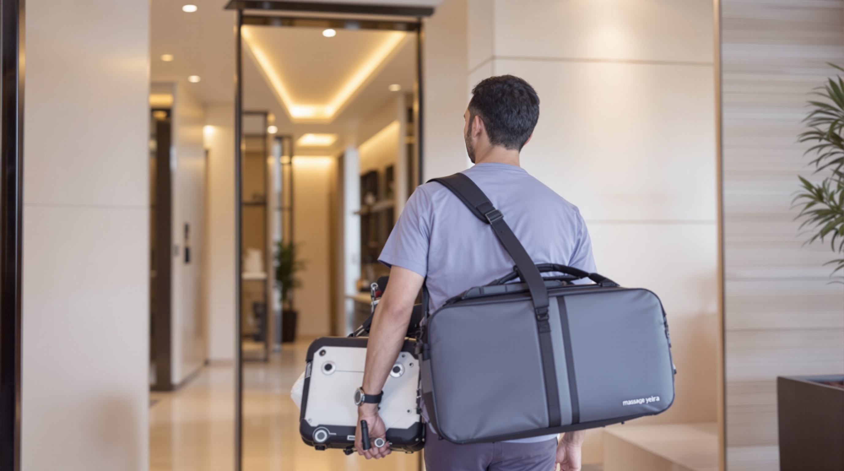 Home service massage Makati - therapist arriving at condo with equipment