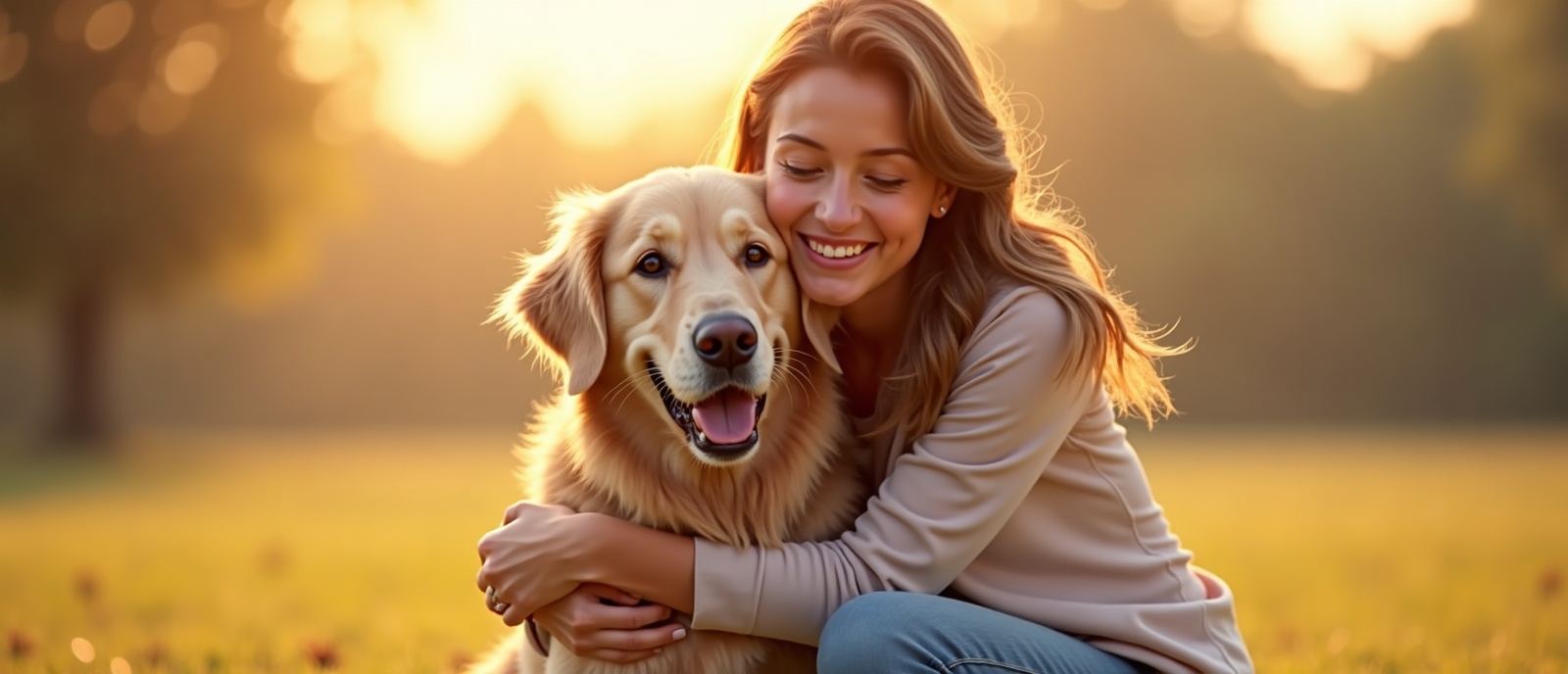 Happy dog owner embracing a well-behaved golden retriever in a sunlit outdoor setting