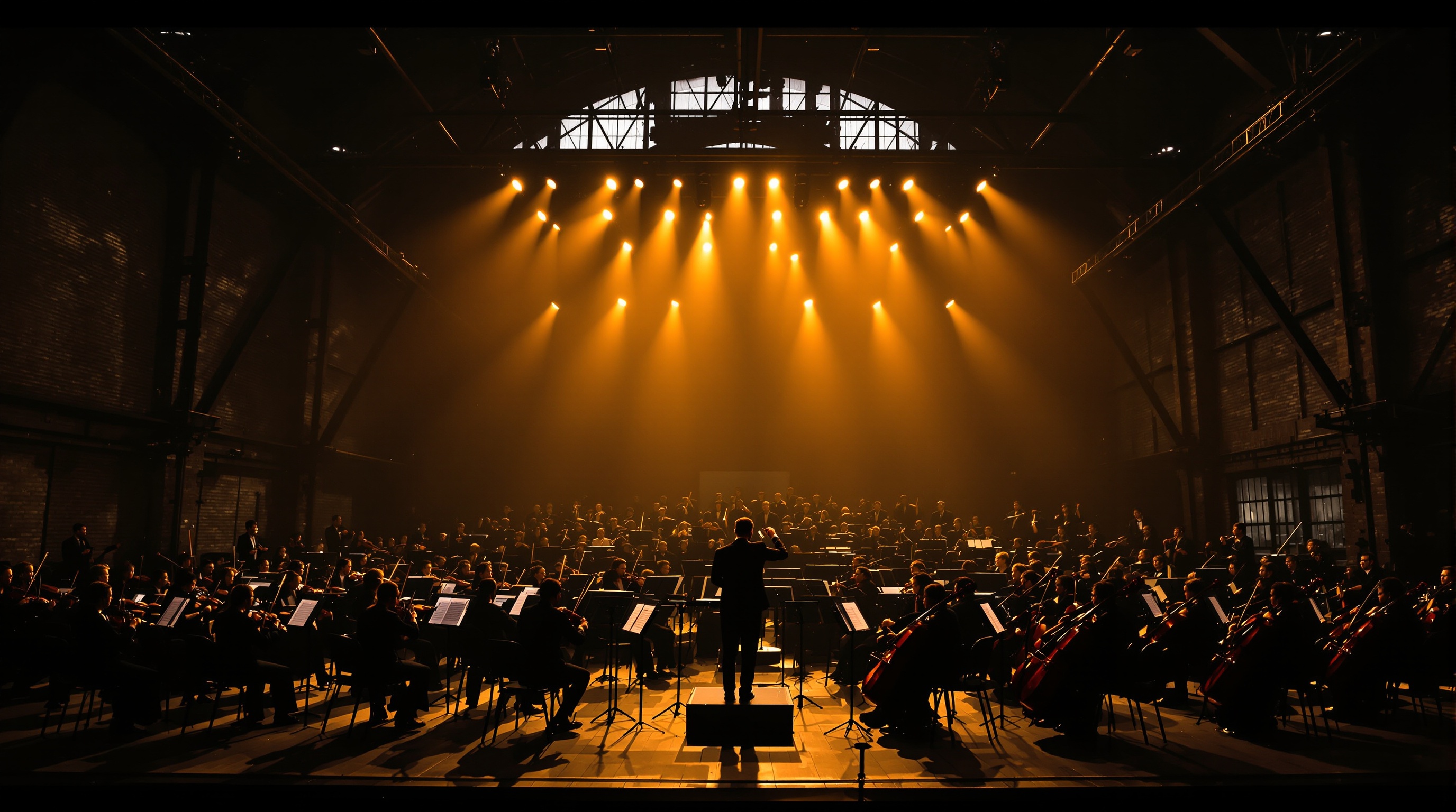 Orquesta tocando en un espacio no convencional transformado en escenario