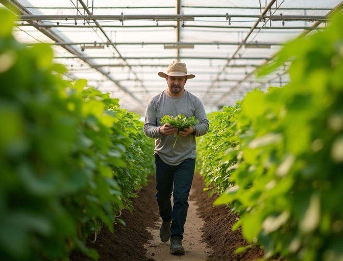 Farmer manually inspecting crops