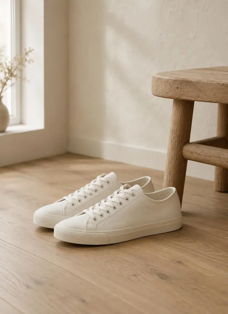 A pair of plain warm-white low-top sneakers photographed from a three-quarter side angle, standing on a pale oak floor next to a low wooden stool.