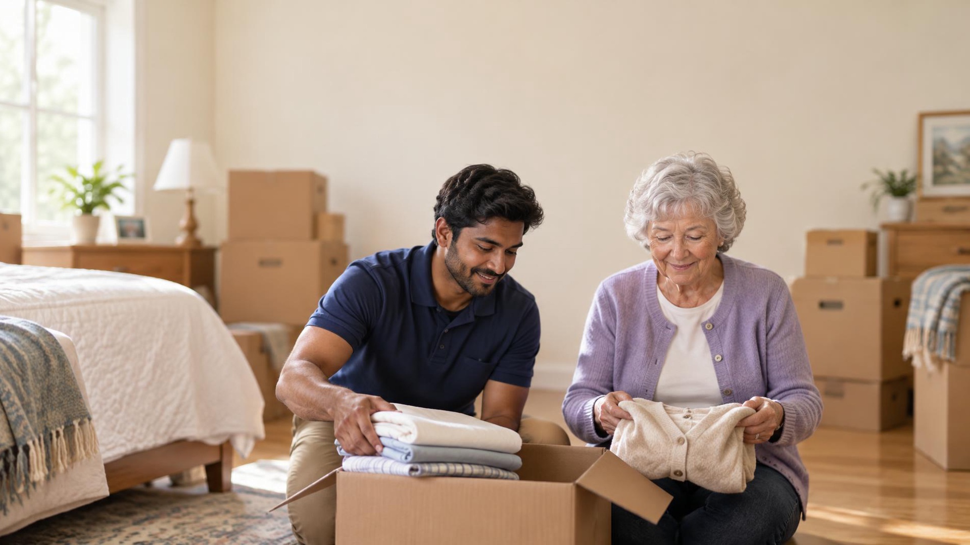 A Gift of Time senior move manager helping an elderly person pack and downsize in a bright Milwaukee home