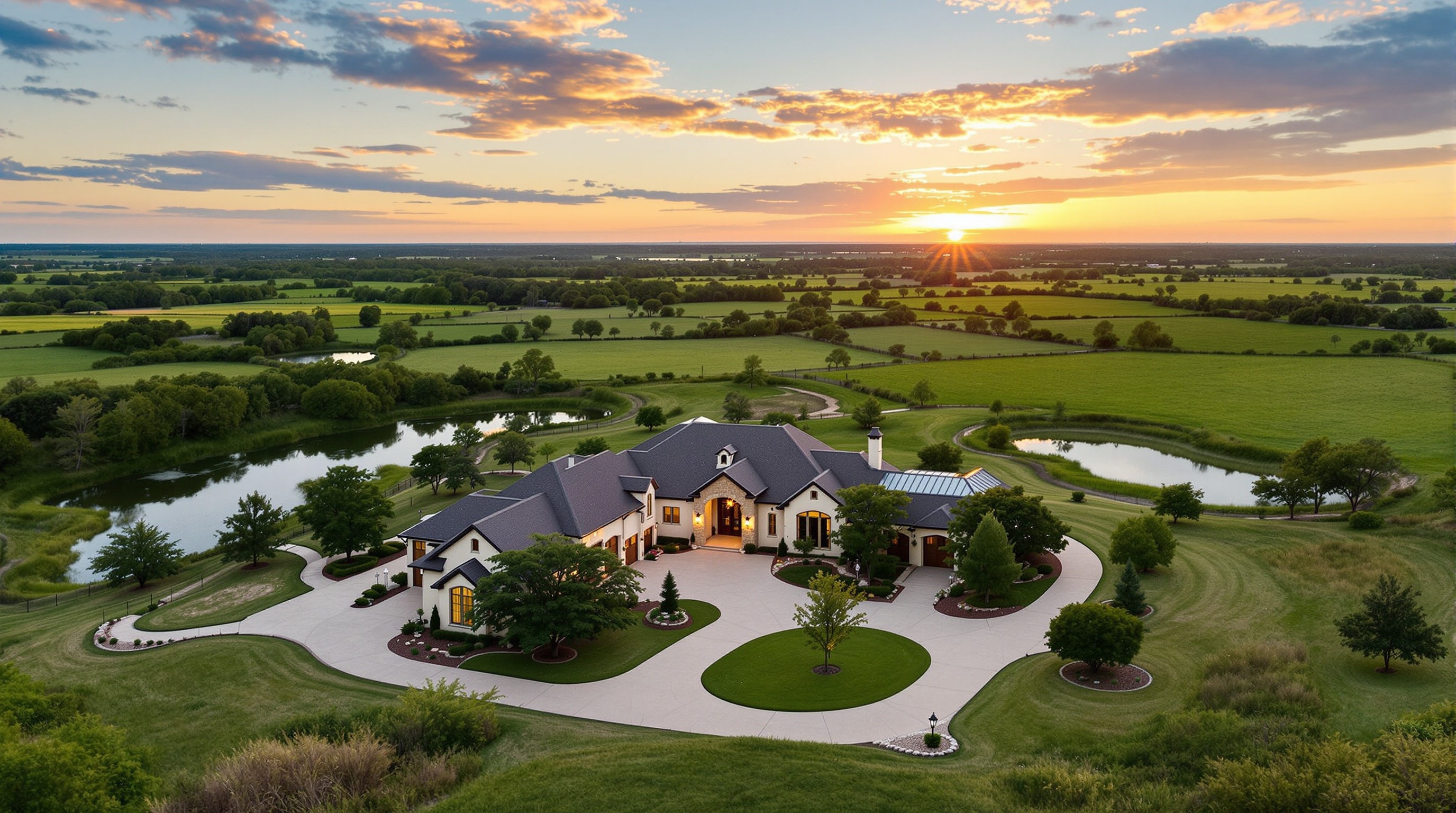 Luxury acreage ranch estate in Fulshear Texas photographed from drone at golden hour showing pastures, pond, and custom home