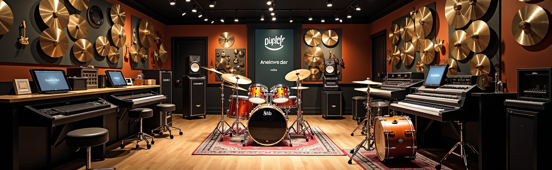 Duck's Drum Shop interior showing professional drum displays