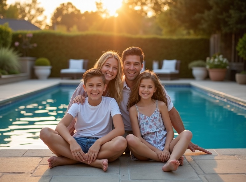 Happy family by their new pool