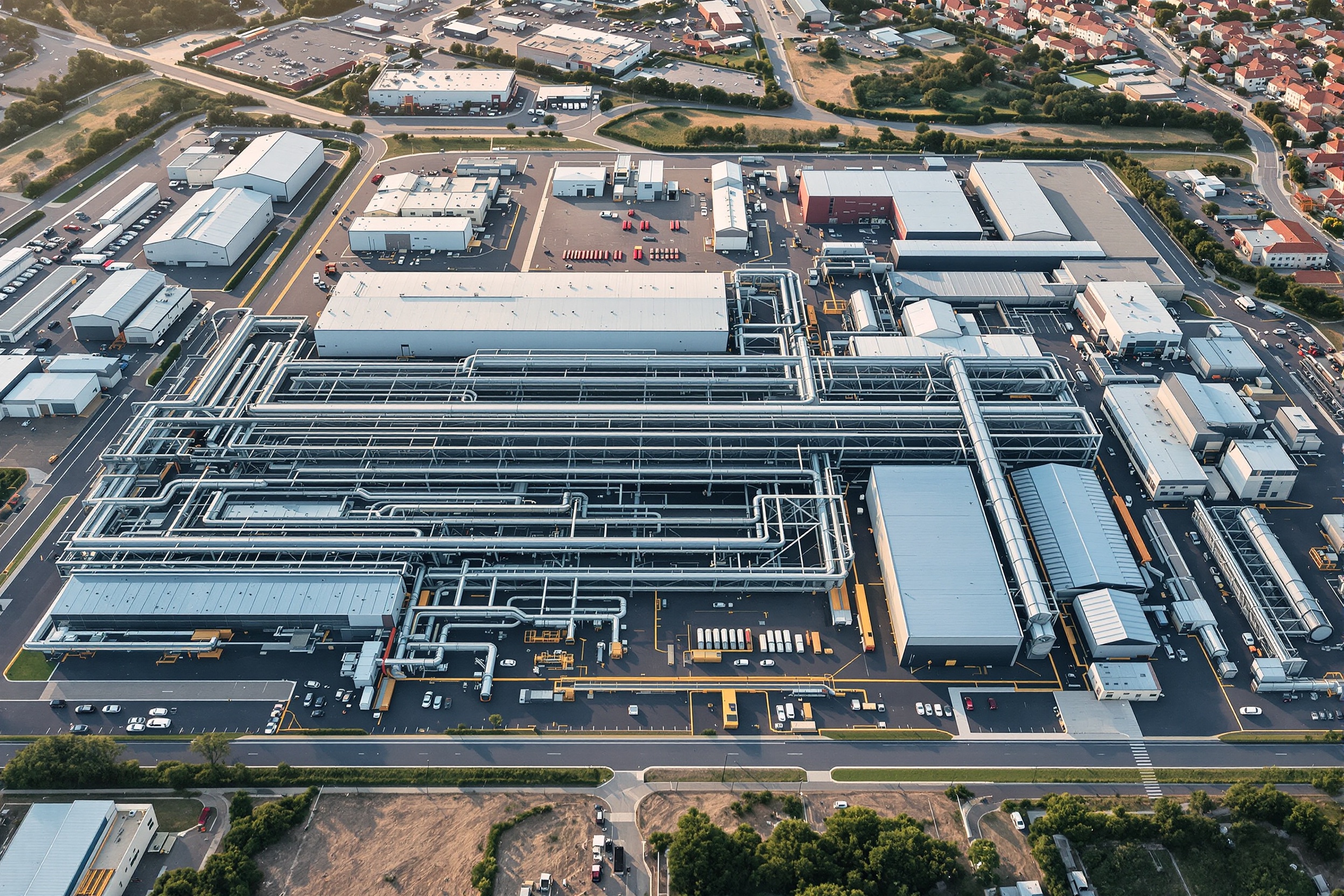 Complejo industrial manufacturero en España al atardecer — Induscor Partners consultoría industrial