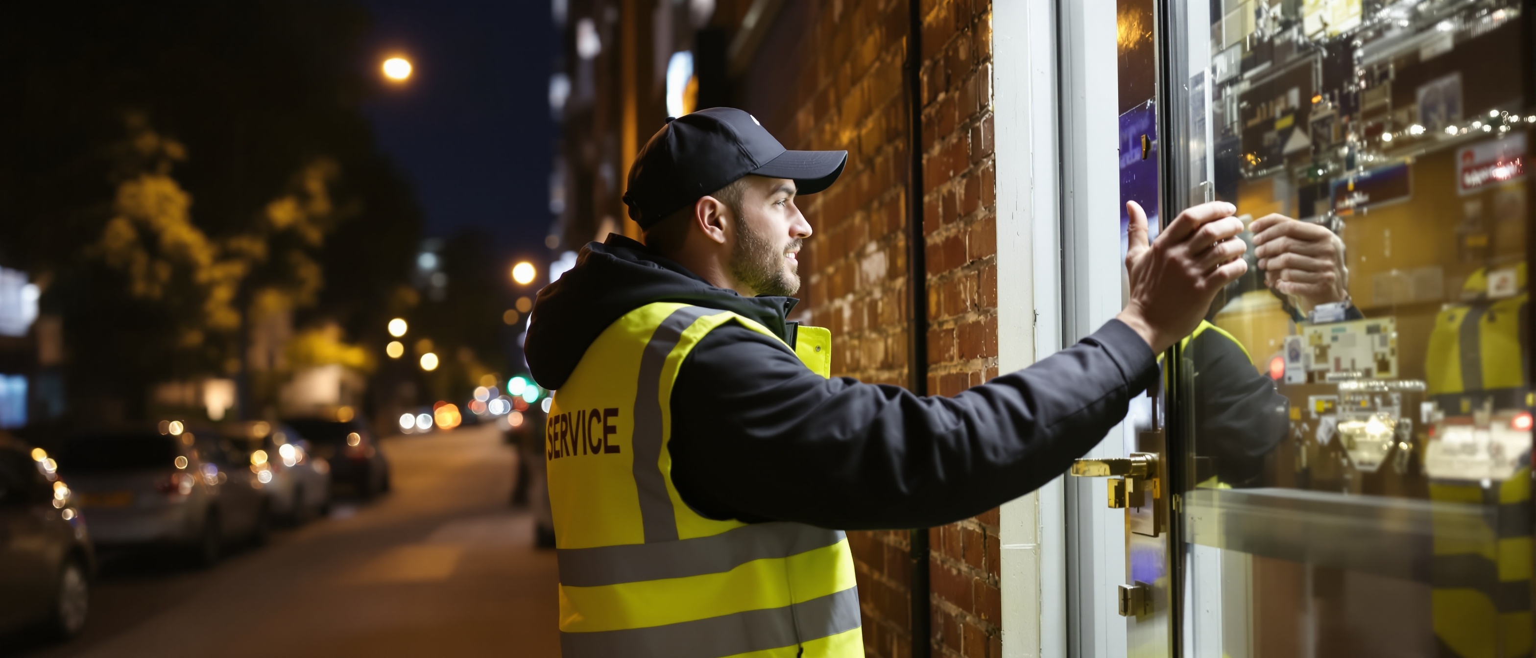 Emergency locksmith helping customer at night in London