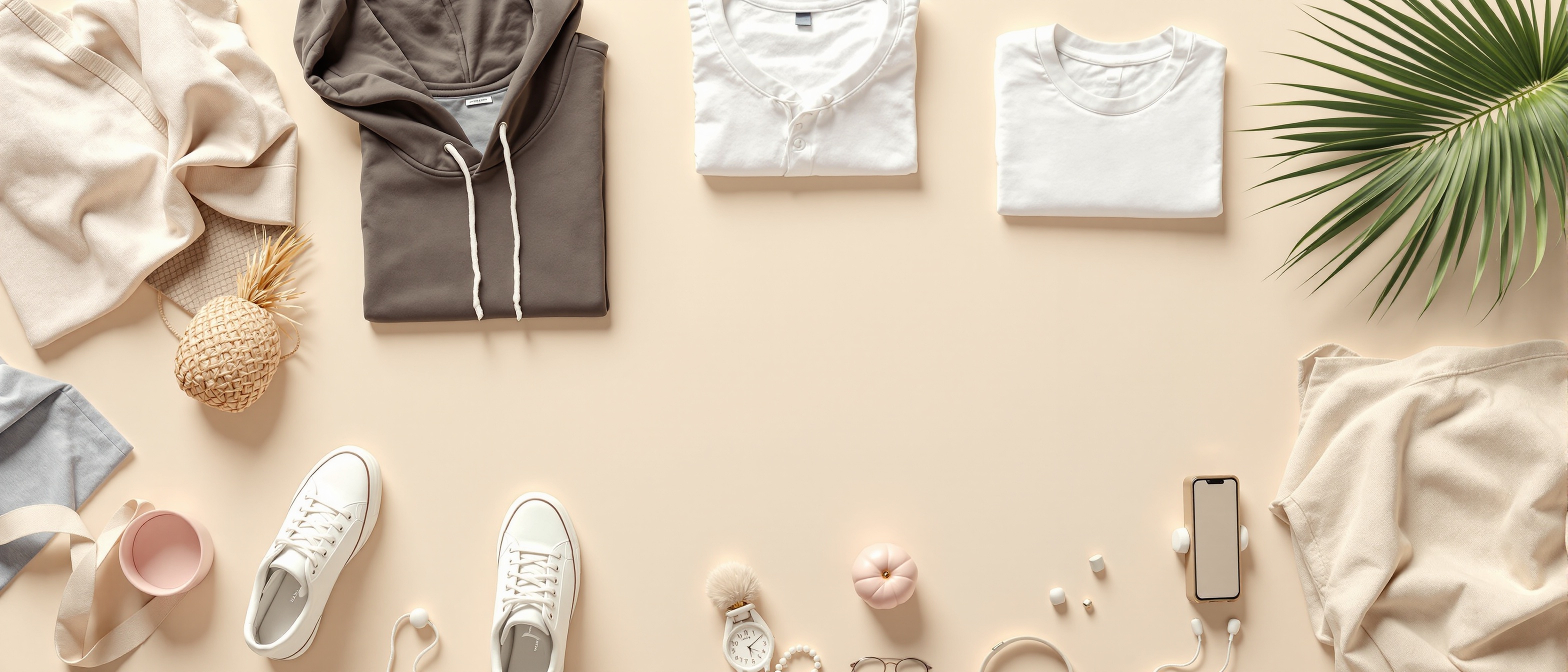 Fashion products flatlay arrangement on clean background