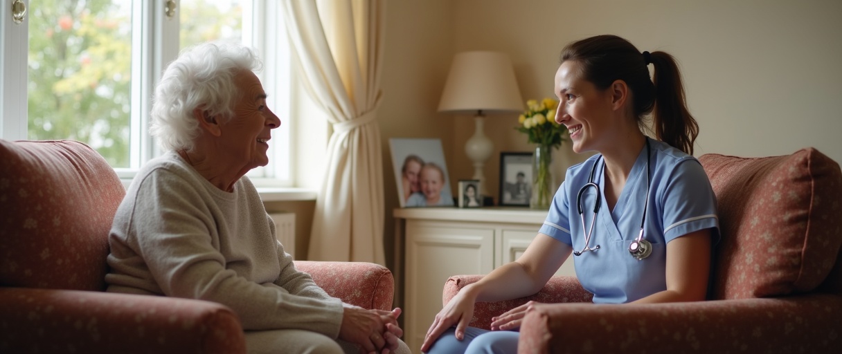 Professional carer sitting and listening to an older person in a comfortable home setting
