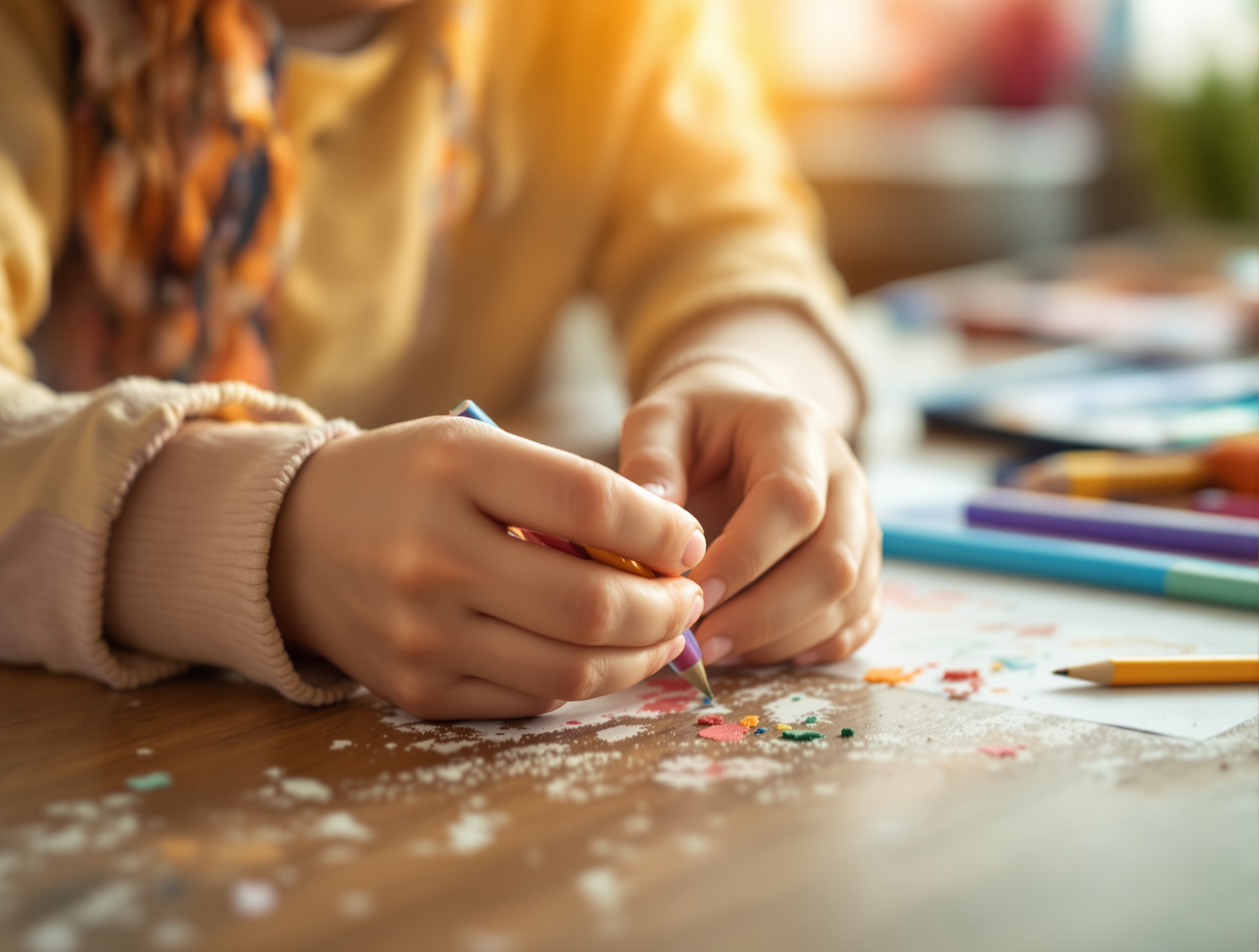 Child's hands with colourful art supplies