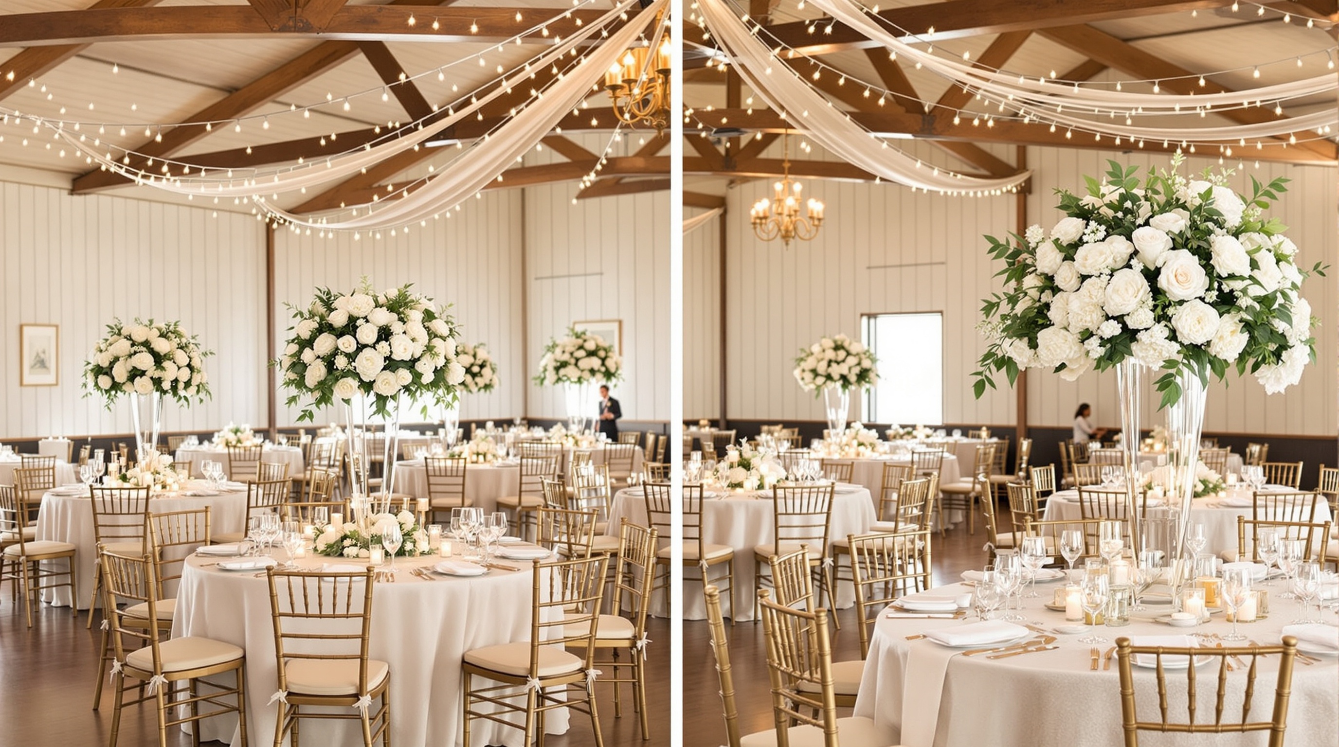 Elegant wedding reception hall setup at Red Door Ranch
