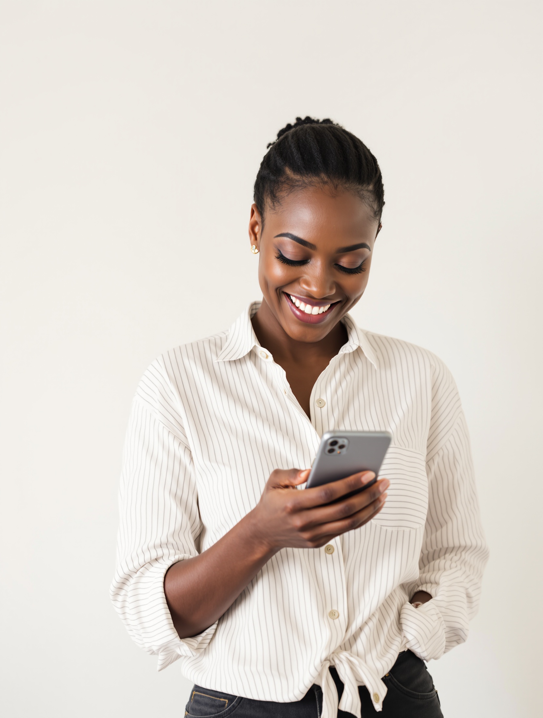 Ghanaian woman standing and showing GHS earnings on her phone