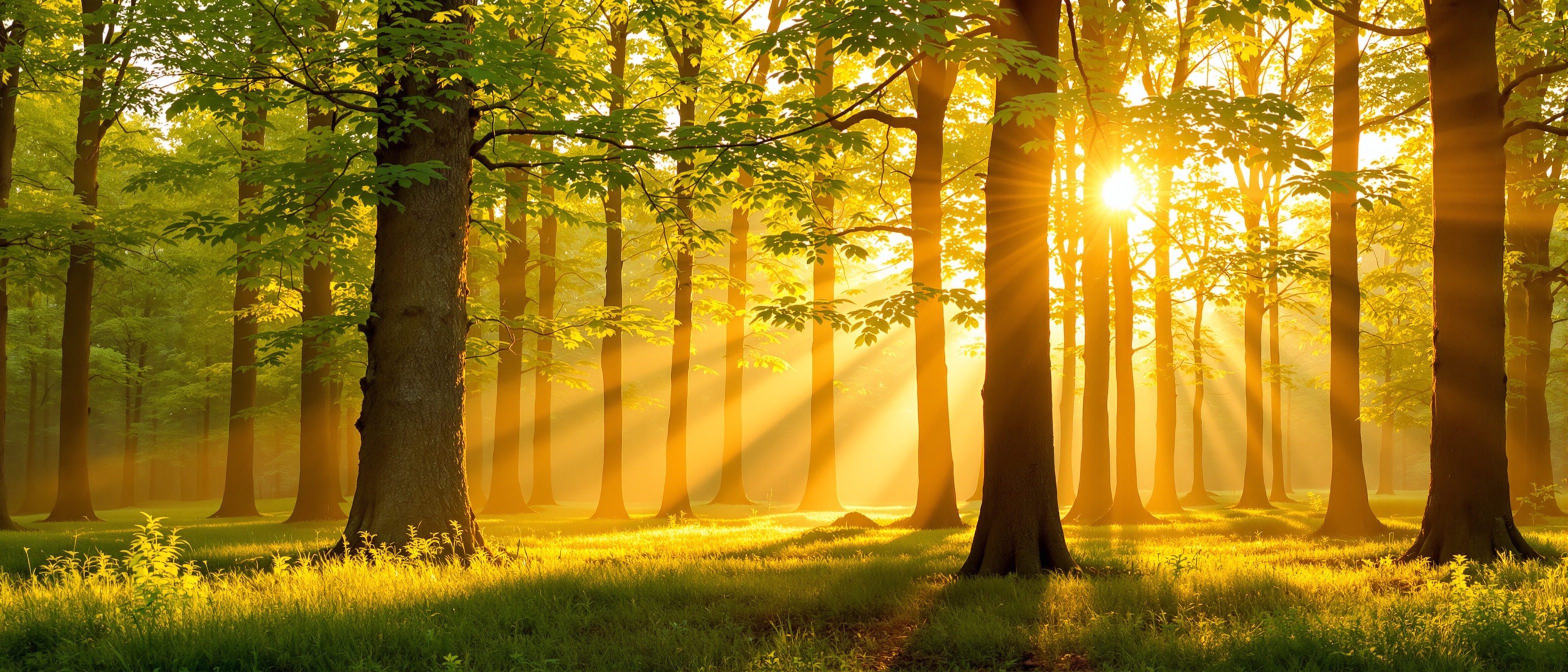 Warm sunlight through forest trees