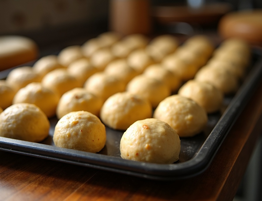 Pão de queijo dough balls ready to bake on tray at Luv Bakery Fishers Indiana