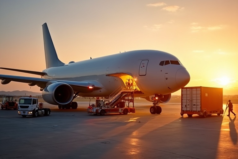 Cargo aircraft being loaded with freight at airport terminal