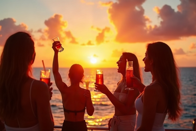 Friends celebrating a sunset cruise in Mauritius