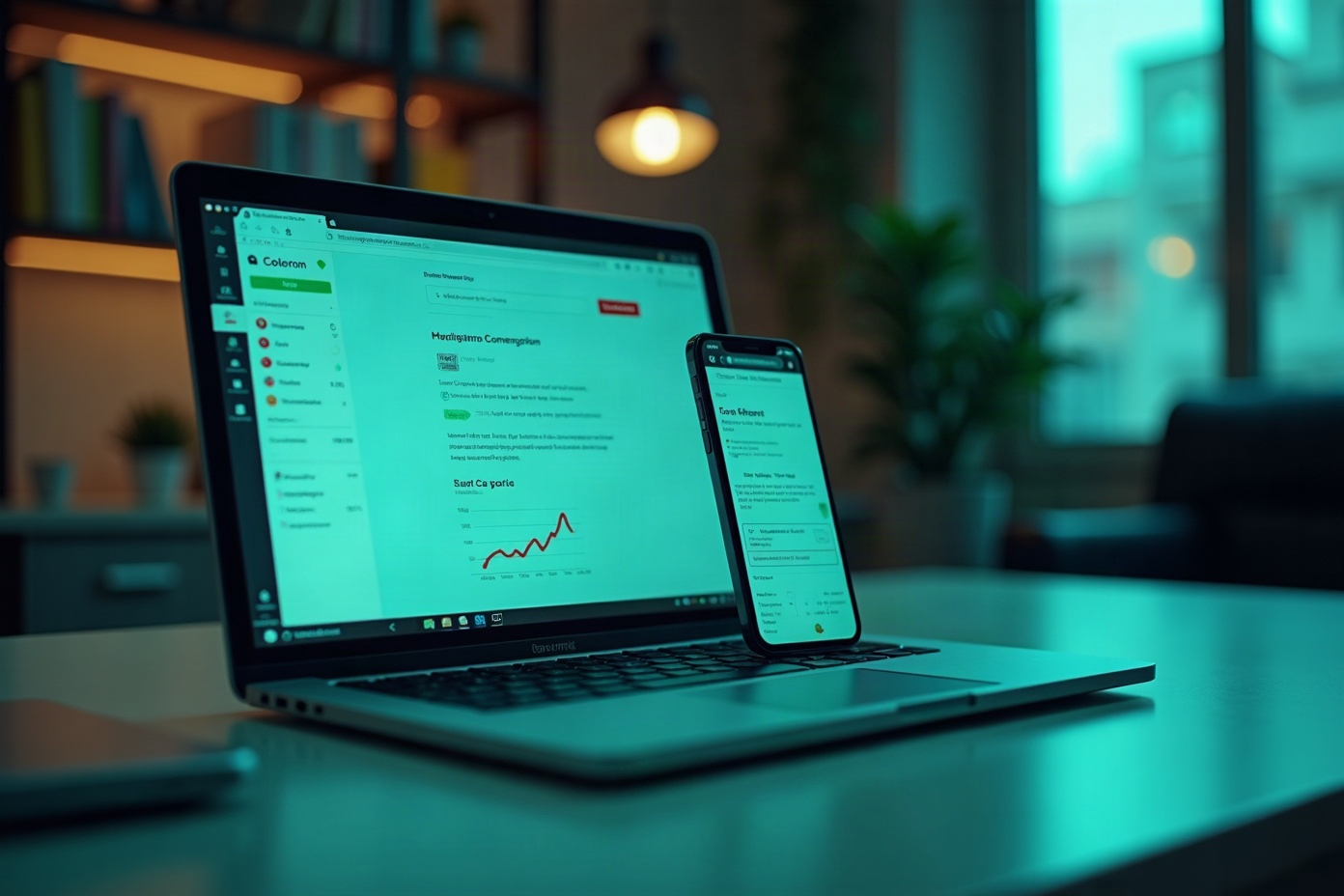 Escritorio con laptop y teléfono mostrando una página web, mensajería y medición funcionando como un sistema conectado