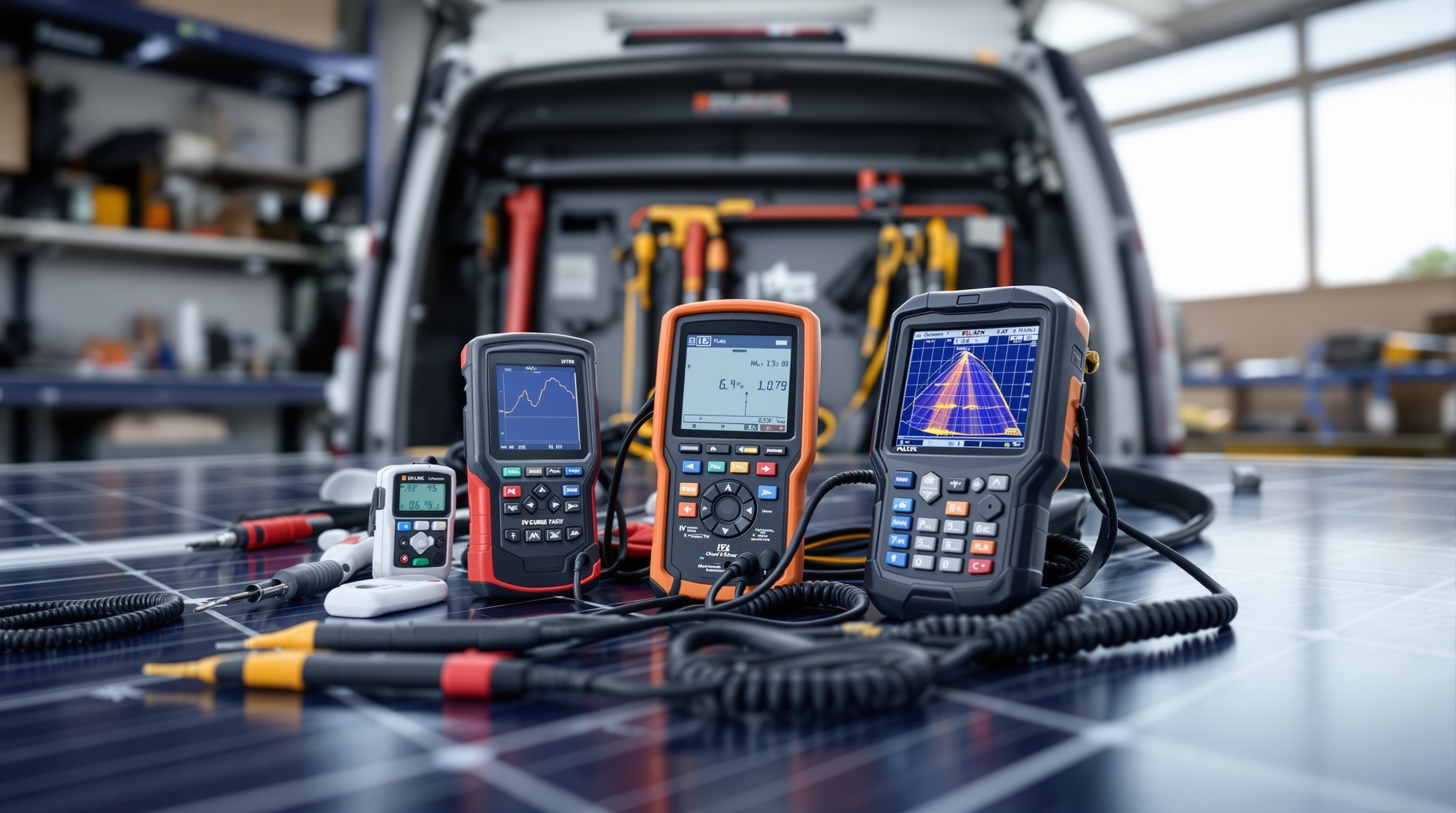 Solar panel maintenance tools including IV curve tracer, clamp meter, and thermal camera in a service van