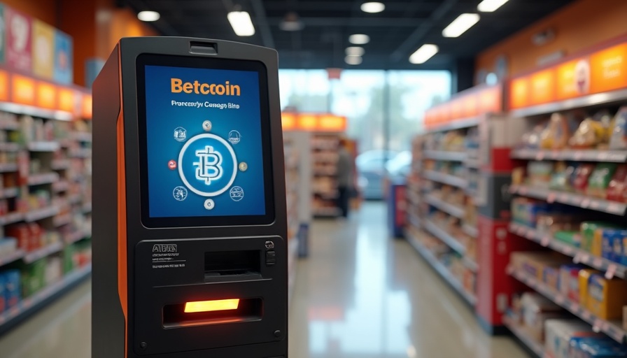 Modern crypto ATM kiosk with touchscreen and bill acceptor inside a bright Canadian convenience store