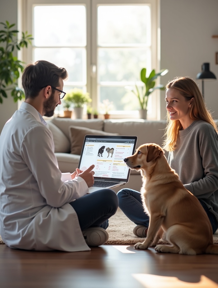 Veterinário apresentando laudo digital ao tutor