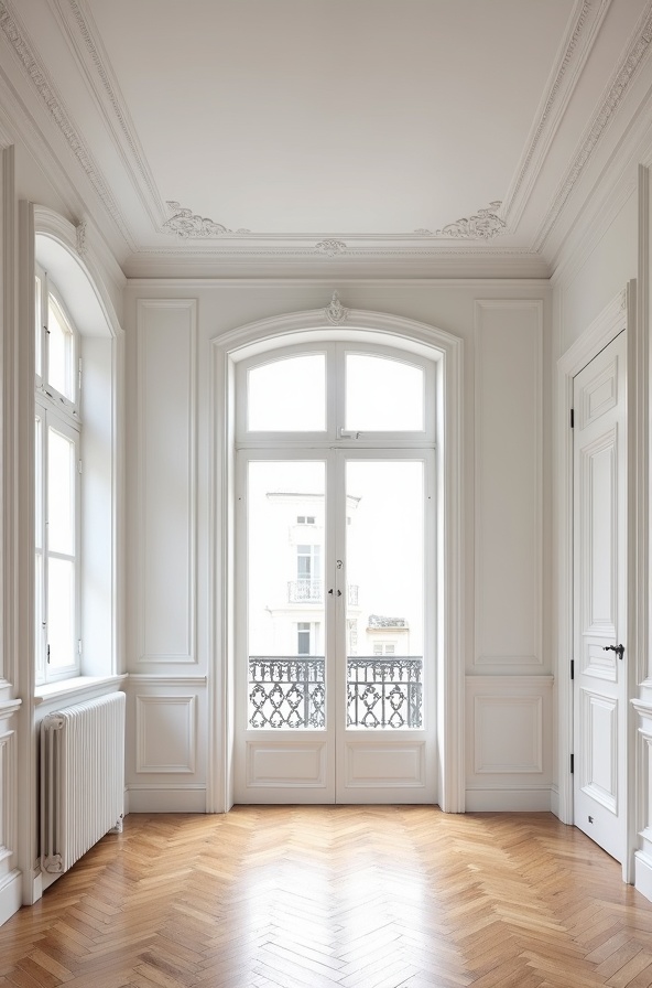 Détail architectural d'appartement parisien de prestige avec moulures classiques blanches, plafond orné, parquet en bois point de Hongrie et grande fenêtre - Gestion immobilière haut de gamme Green House Paris
