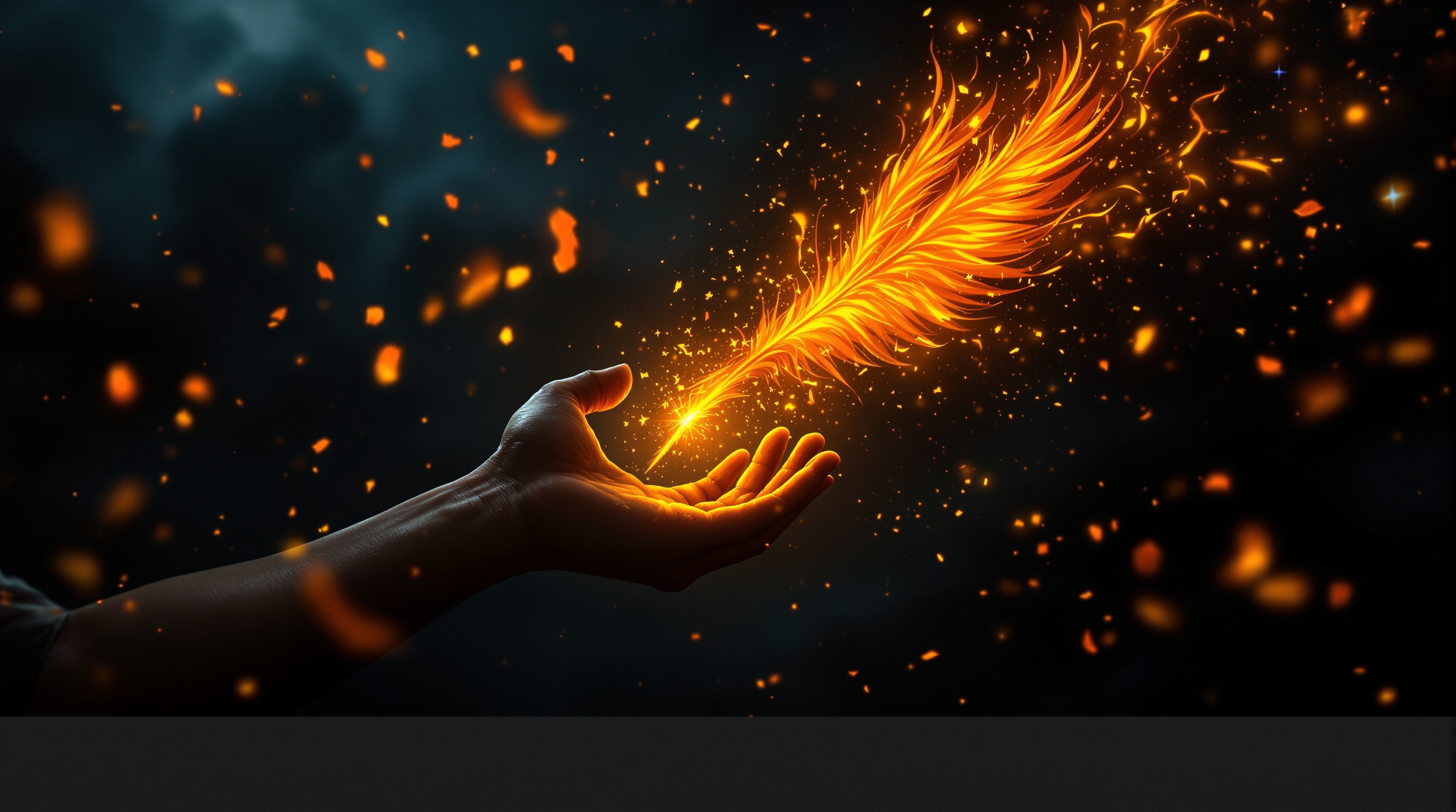 Hands reaching with flaming feathers falling