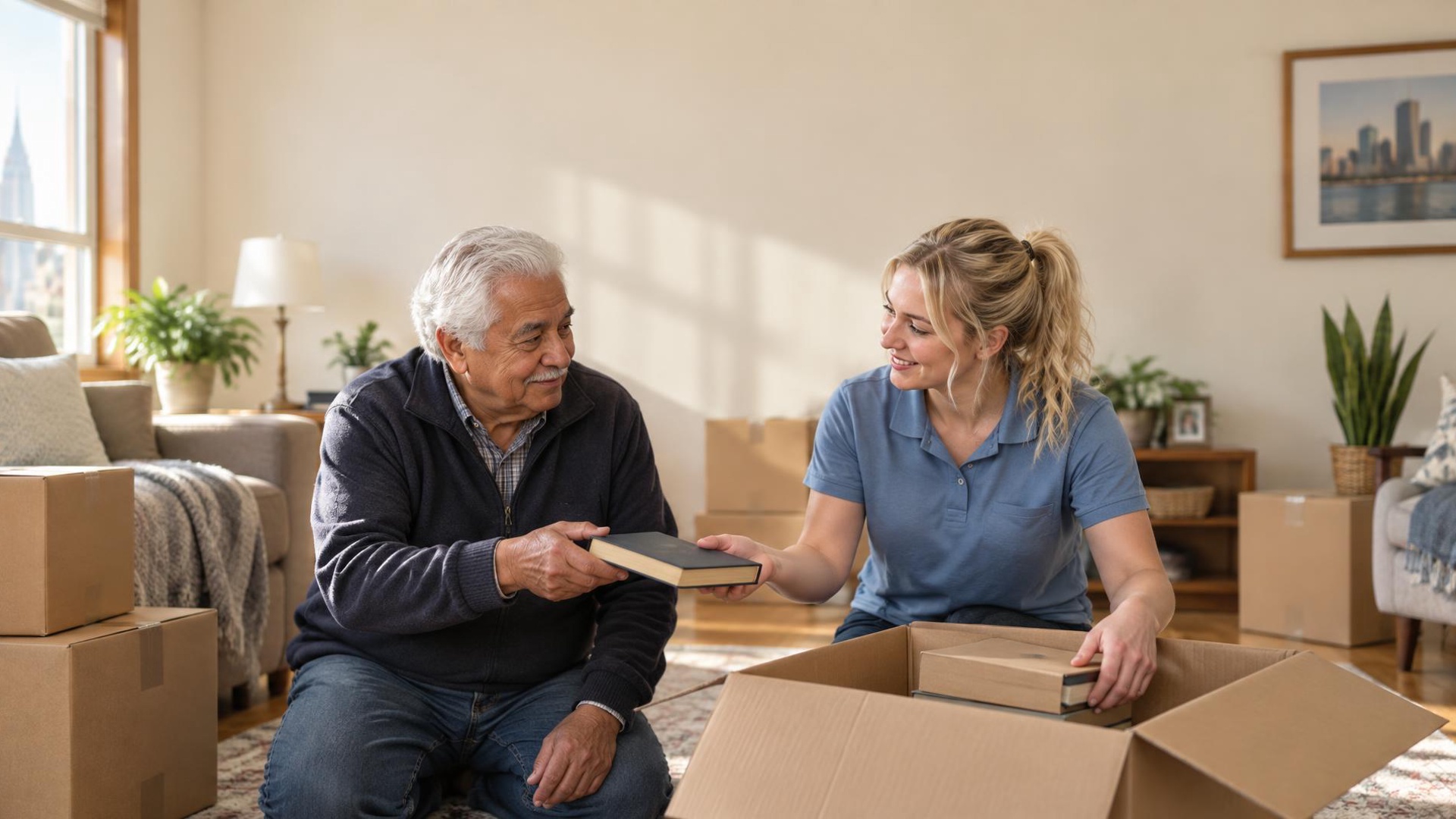 A Gift of Time senior move manager helping an elderly person pack and downsize in a bright Milwaukee home